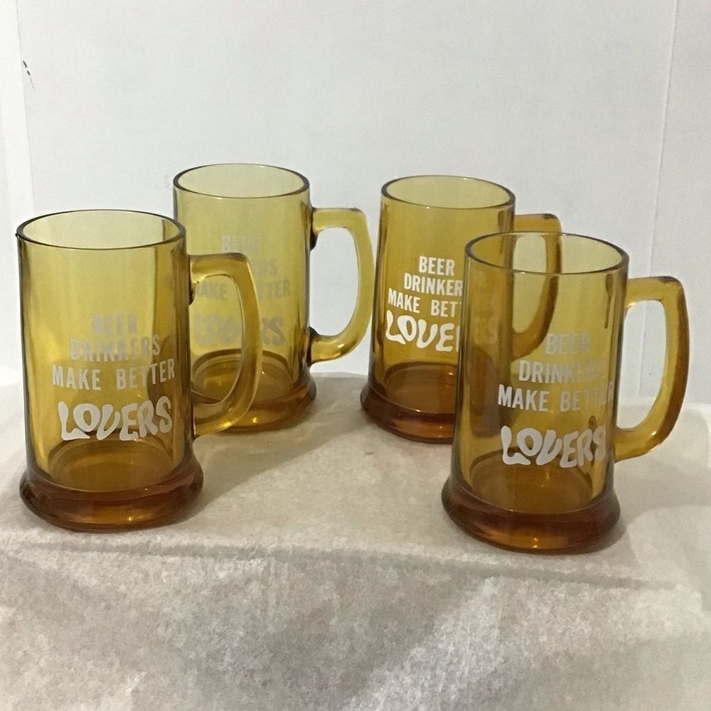 4 Glass Vintage MCM Amber Mugs 4 Piece Set “Beer Drinkers Make Better Lovers”